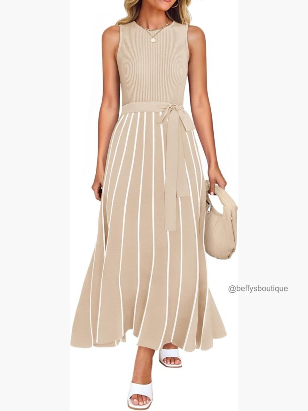 Casual Sleeveless Crew Neck Ribbed Knit Tie Waist Maxi Dress with Belt